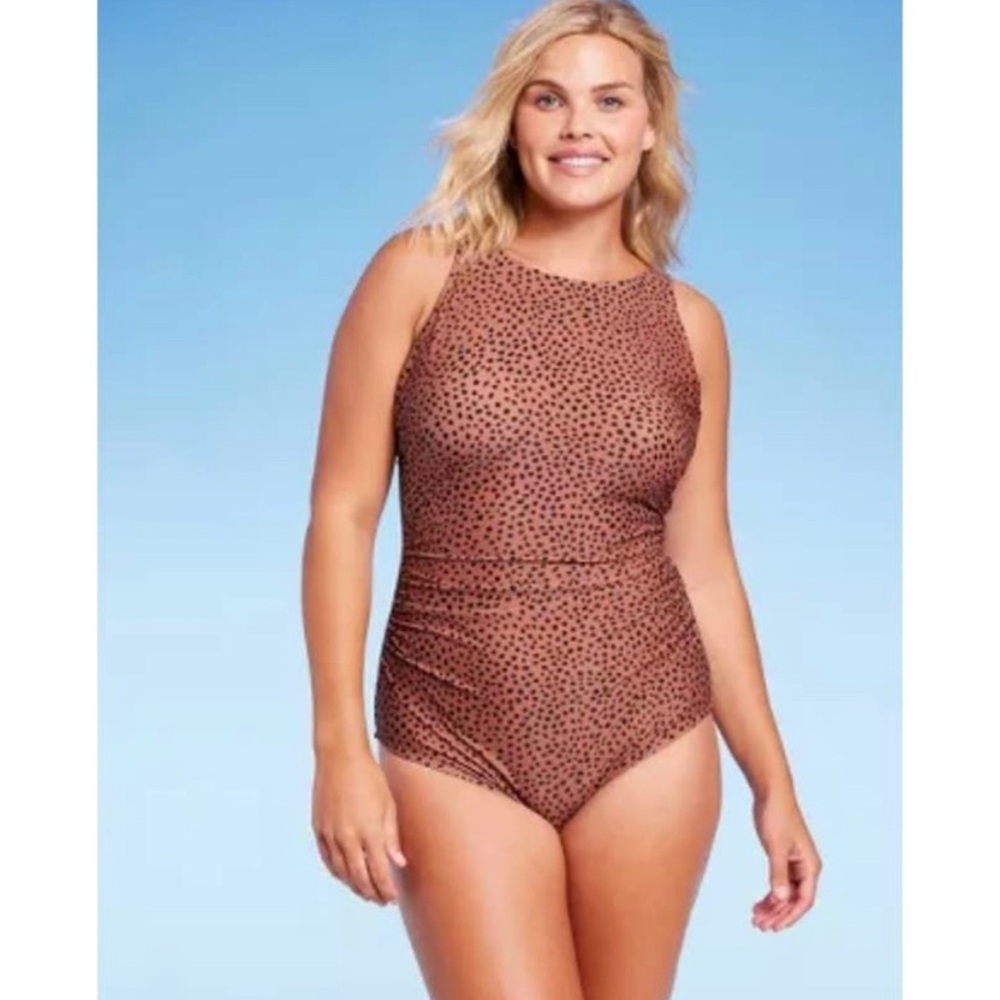 Kona Sol Brown Spotted Print High Neck Ruched One Piece Swimsuit